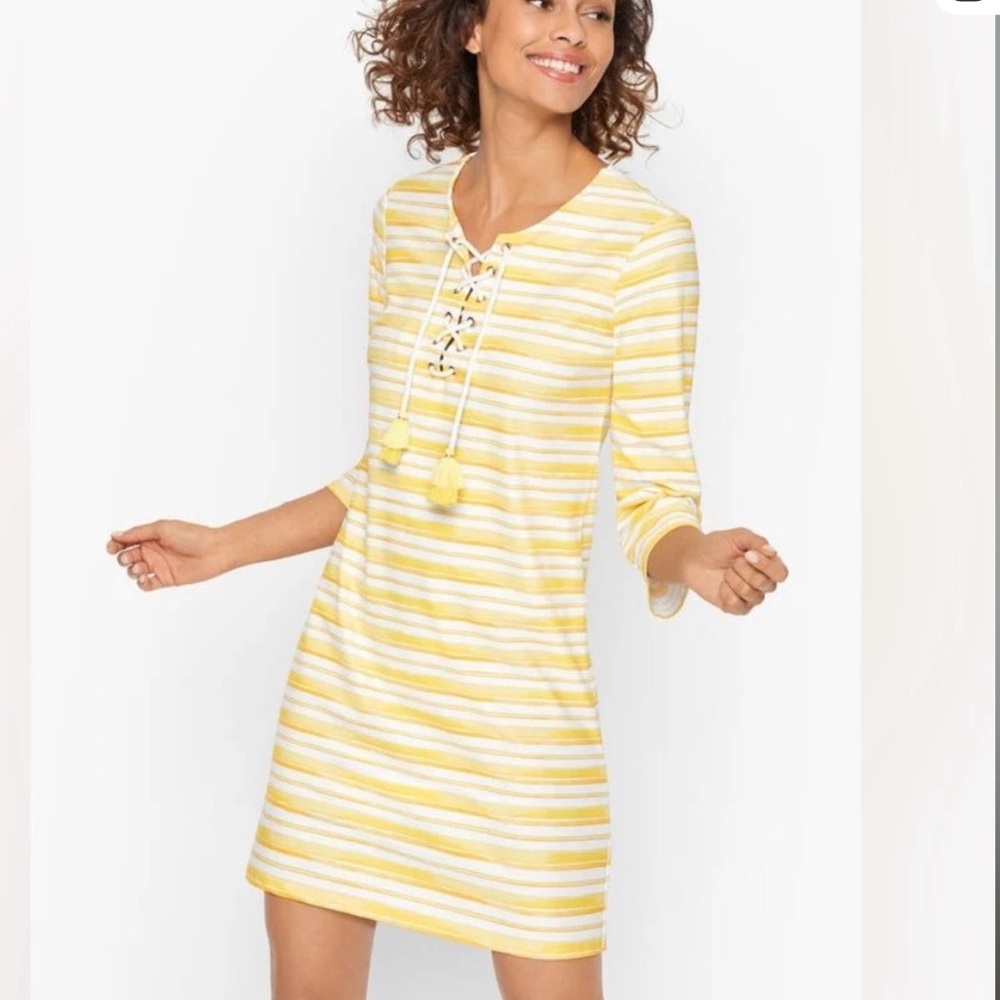 Cabana Life x Talbots Lace-Up Tassel Beach Dress Yellow Stripe UPF50+ Sz XL NWOT